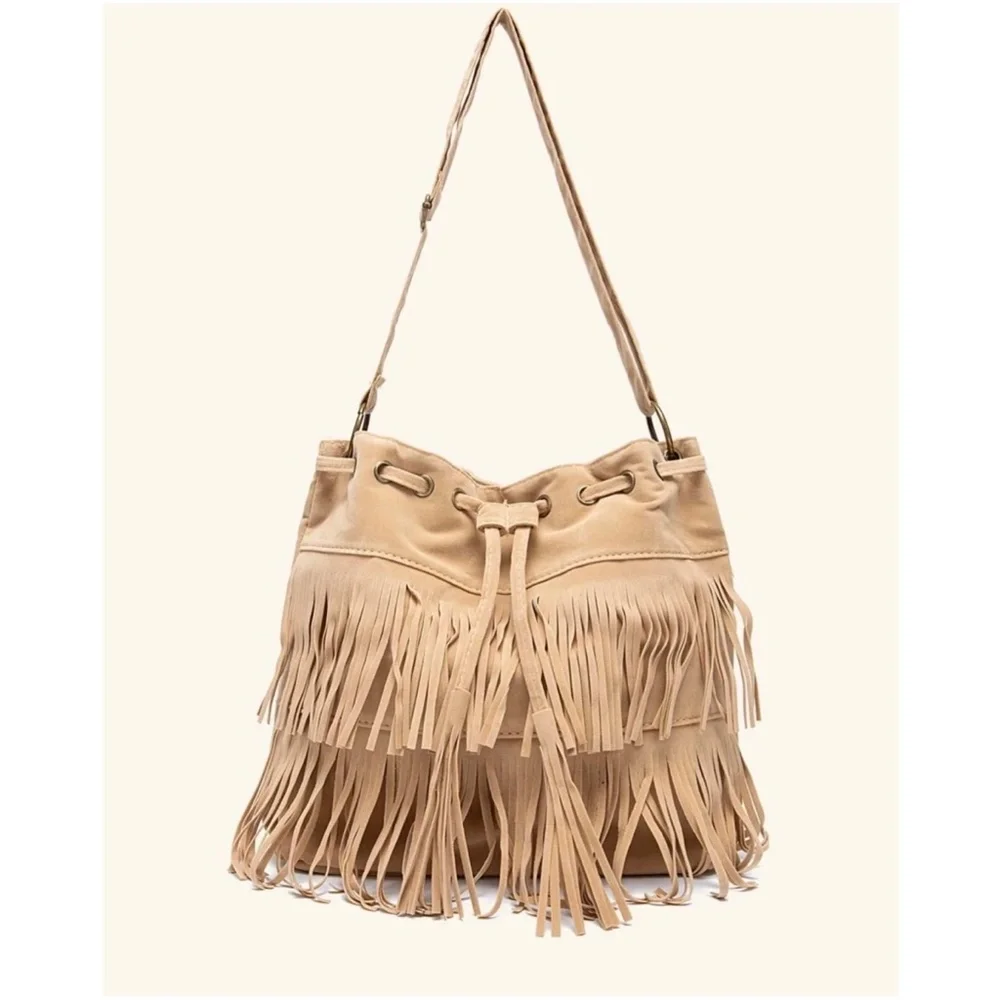 Bohemian Fringe Drawstring Crossbody Tote Bag - Picture 6 of 9